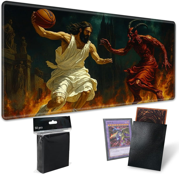 TCG Playmat Board Game Mat plus 50 Pcs Card Sleeves, 24 X 14 Table Mats Game Mousepad with Soft Surface Non-Slip Base for MTG RPG CCG Trading Card Game Playmats, Green Frog