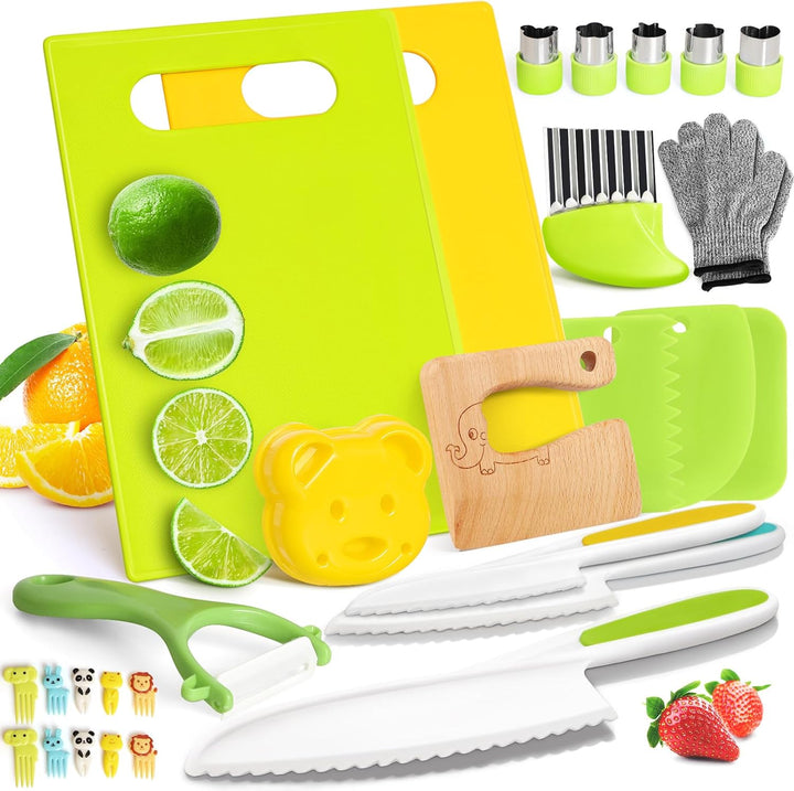28PCS Toddler Knife Set - Kids Knifes for Real Cooking, Montessori Kids Kitchen Knife Set with Cutting Board Crinkle Cutters Kid Safe Knives, Toddlers Kitchen Tools for Age 2-10 Year Old Girl Boy