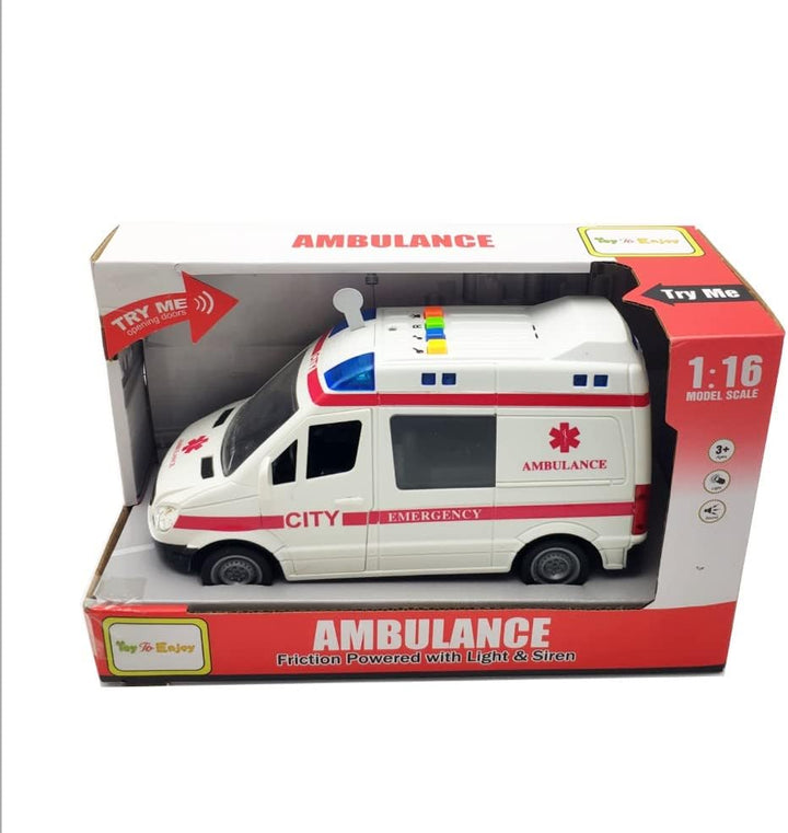 Ambulance Toy Car with Light & Siren Sound Effects - Friction Powered Wheels & LED Lights - Medical Transport Emergency Vehicle, Heavy Duty Plastic Rescue Vehicle Toy for Kids & Children