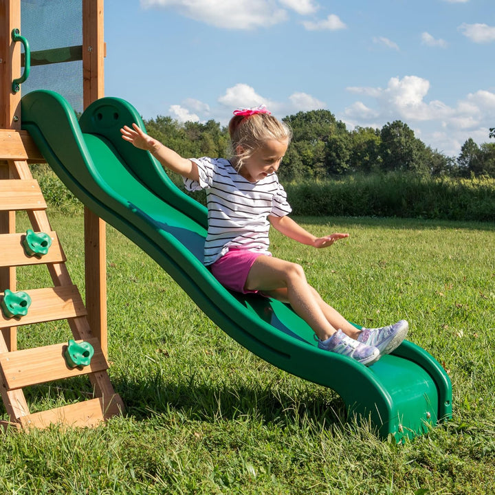 Buckley Hill Cedar Wood Swing Set with Wave Slide, Play Deck, Rock Wall Ladder, Belt Swings, Chalkboard, Canopy Roof, Outdoor Playset
