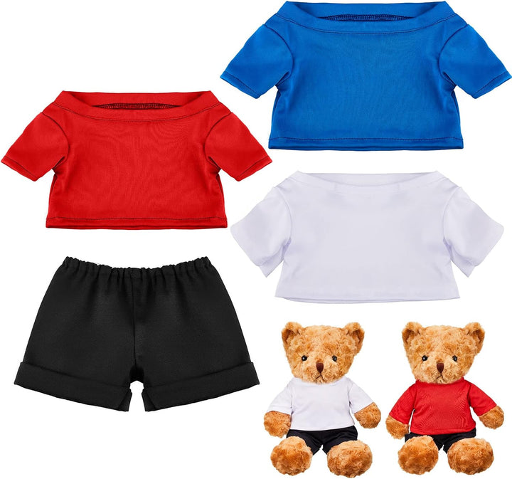 4 Pcs Stuffed Bear Clothing Crew Neck Bear Shirt Basic Teddy Clothing Stuffed Animal Accessories Classic Plush Tiny Clothes with Black Jean Shorts Fit 12-18 Inches Teddy Dolls Gifts