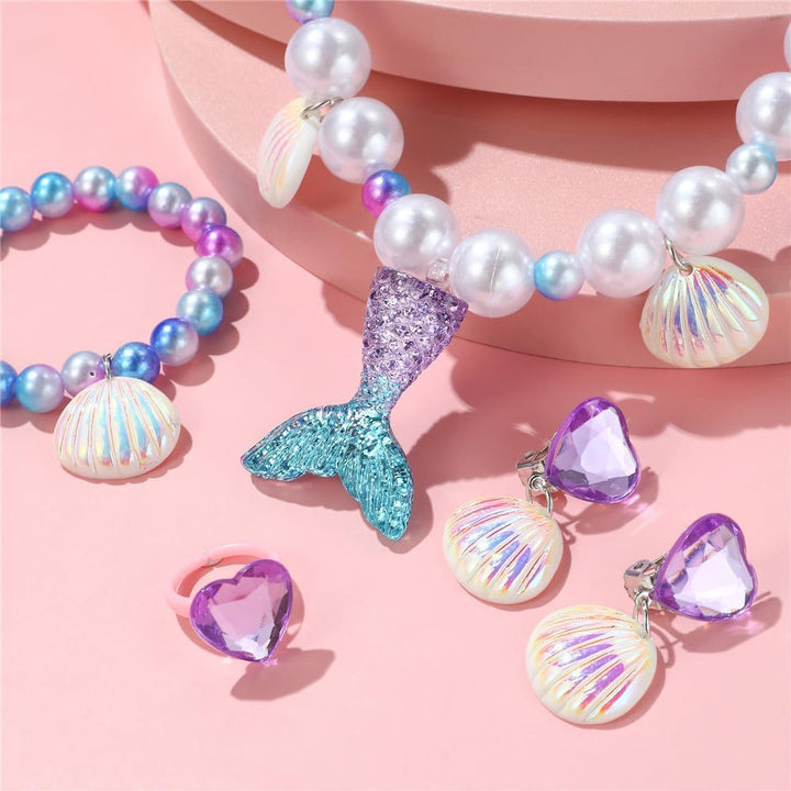 Mermaid Jewelry for Girls Mermaid Crown Fake Pearl Necklace Bracelet Purse Ring Shell Earrings Mermaid Accessories Set Princess Party Dress up Pretend Play Christmas Birthday Gift