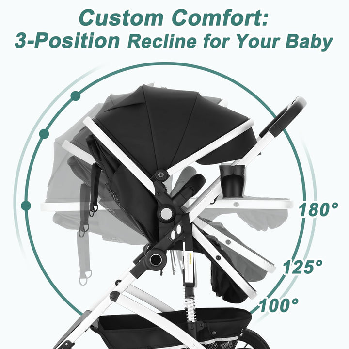 Baby Stroller with Bassinet, Convertible Infant Stroller with Adjustable Backrest & Canopy for Baby, Foldable Newborn Pushchair with Reversible Seat and Cover for 0-36 Months (Dark Black)