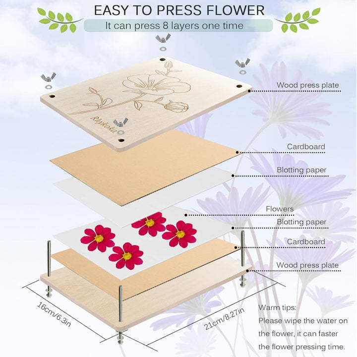 Professional Flower Press, 8 Layers 6.3X8.3 Inch (16X21Cm) Wooden Flower Press Kit/Flower Pressing for Kids Adults, Great Gift for DIY Flowers Lovers (Wooden)