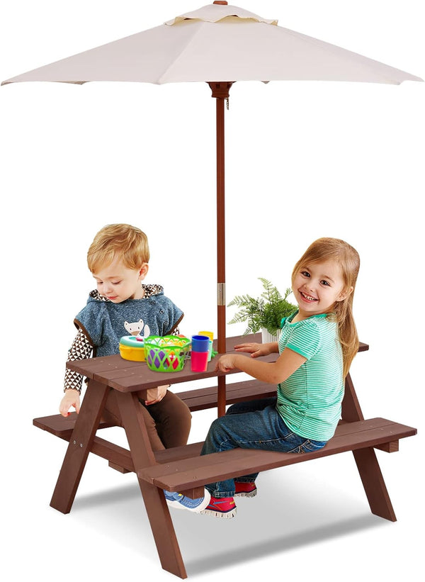 Kids Picnic Table, Outdoor Toddler Wooden Table and Chair Set with Removable Umbrella, Children Activity Furniture Bench Set for Patio Garden Backyard