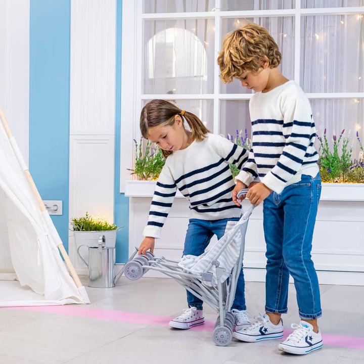 Boutique | Folding Umbrella Doll Stroller for Children 2 Years Plus, Blue Stripes and Soft Embroidery | Sturdy Metal Frame | Pretend Play with Dolls up to 18” Long | Seat Belt