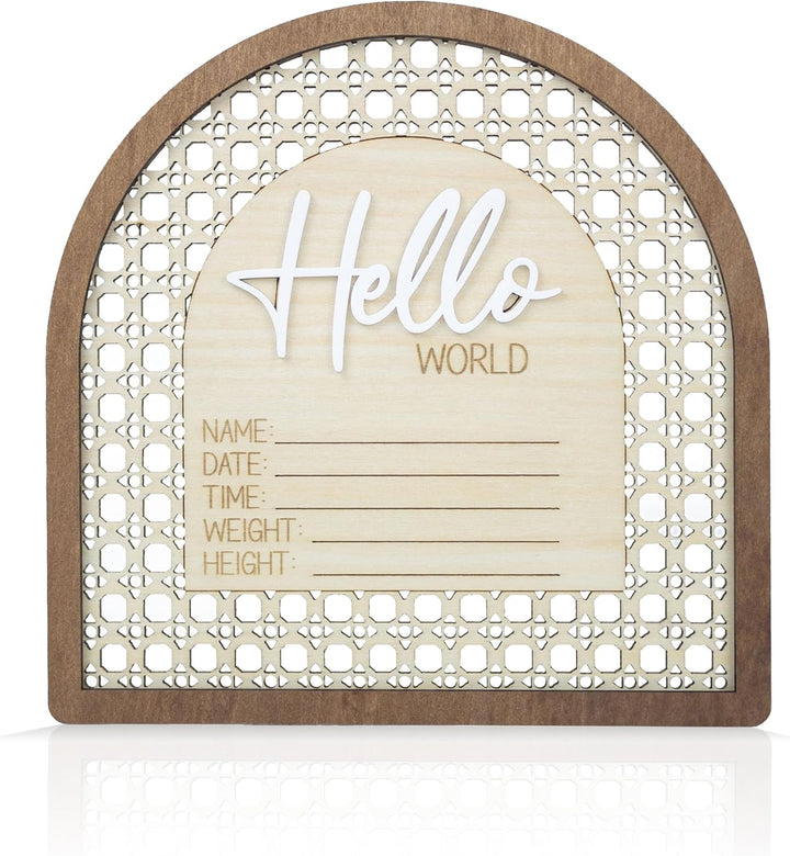 Baby Announcement Sign 6.5 Inch Wooden Hello World Newborn Welcome Sign Birth Baby Name Plaques for Photo Props Baby Shower Hospital Nursery (BOW CUT)
