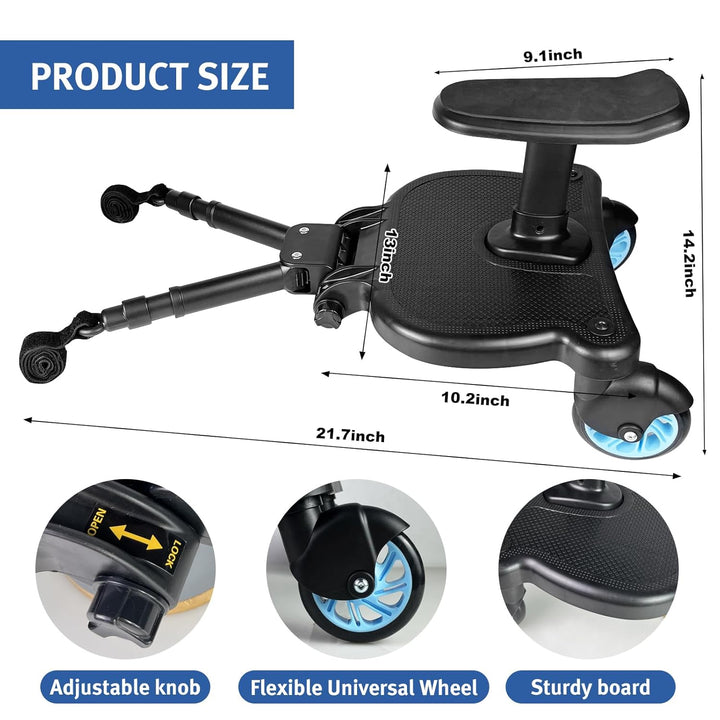Universal Stroller Board with Detachable Seat - 2 in 1 Sit and Stand Stroller Standing Board for Most Brands of Strollers Holds Children up to 55Lbs-Blue