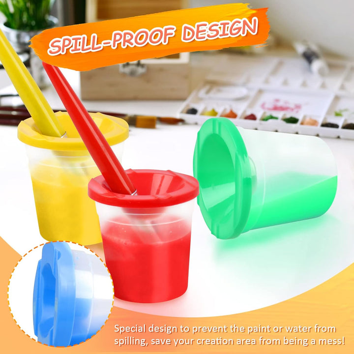 4 Pcs Kids No Spill Paint Cups and 4 round Paint Brushes 4 Colors Spill Proof Paint Cups for Children’ Art Class and Home.