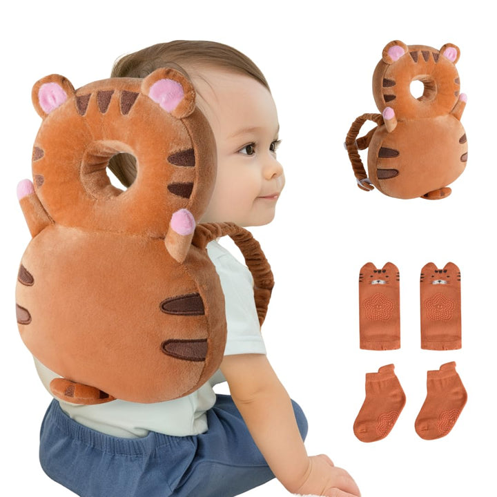 Baby Head Protector Backpack (9 to 24 Months) - Cute Head Guard Pillow with Knee Pads and Socks, Crawling and Walking Safety Set, Toddler Head Cushion Backpack, Blue