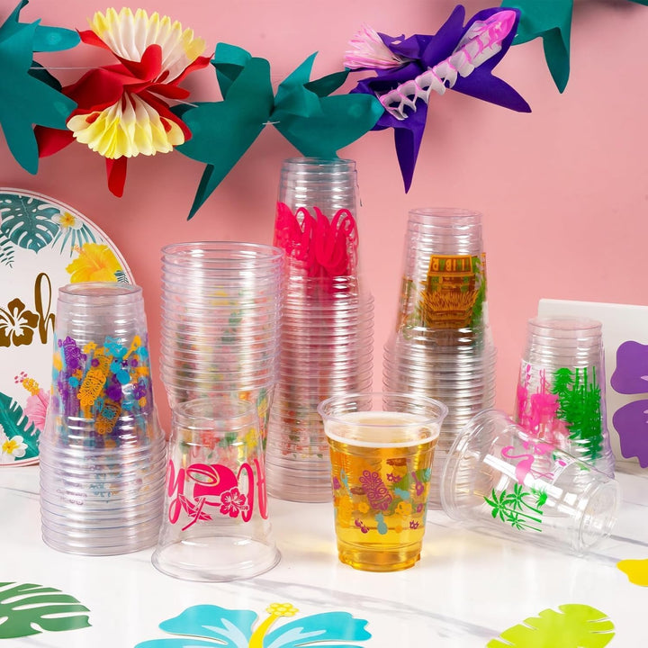 50 Luau Cups for Hawaiian Luau Party Decorations, 12 OZ Tiki Tropical Plastic Disposable Cups for Pool Flamingo Tiki Birthday Party Decor Supplies