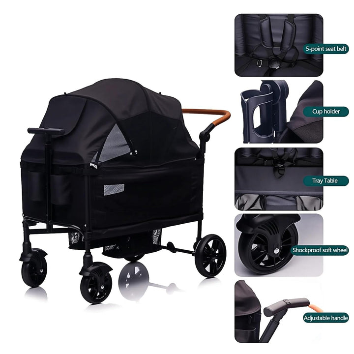 Wagon Stroller for 2 Kids & Cargo-Travel Stroller Push-Pull Double Wagon Lightweight Folding Stroller for Newborn&Toddler with 5-Point Harness,Adjustable Handle Bar and Canopy,Tray Table,Cup Holder