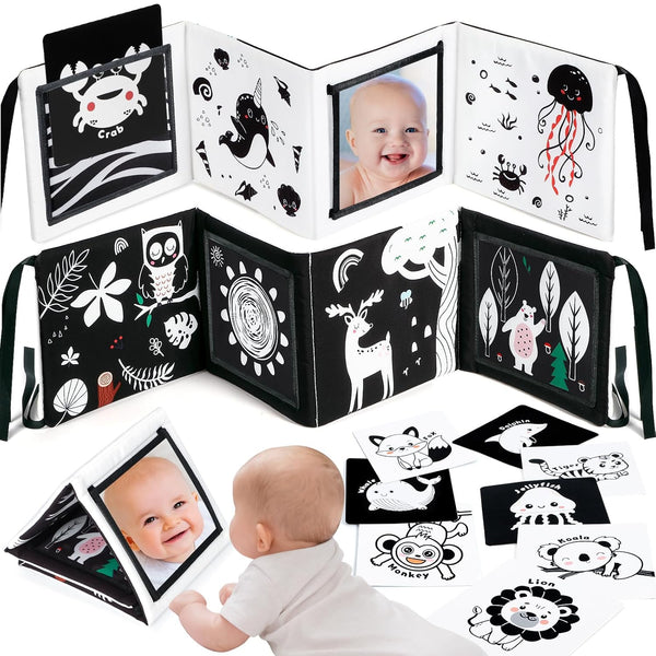 Tummy Time Mirror Toys, High Contrast Black and White Baby Toys for Newborn, Baby Boy Girl Gifts, Visual Stimulation Learning Activity Cards, Soft Baby Book, Montessori Infant Toys 0-12 Months