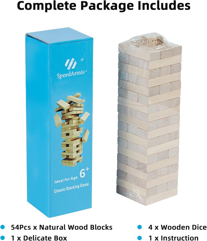 Mini Tumble Tower, 54PCS Wooden Stacking Game for Teens - Pine Stack Timber Board Games with 4 Dice Set - Classic ‌Xmas Gifts for Kids