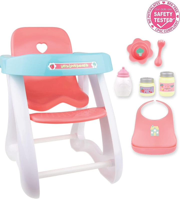- Doll High Chair | Fits Dolls up to 17" | Easy to Clean | Simple Assembly | 7 Piece Play Set| Ages 2+, Pink/Blue