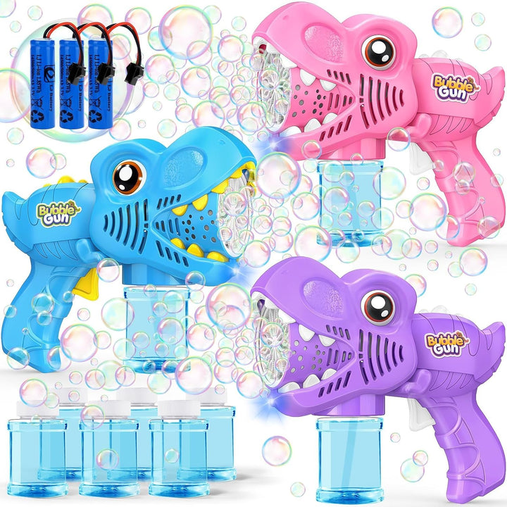 Kids Bubble Gun 2 Pack Dino Bubble Machine Gun for Toddlers with 4 Solutions Automatic 13-Hole Bubbles for Kids Blower Maker Easter Basket Essentials Stocking Stuffers Gift Party Favors for Boys Girls