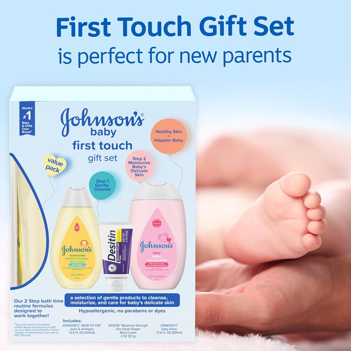 First Touch Baby Gift Set, Baby Bath, Skin & Hair Essential Products, Kit for New Parents with Wash & Shampoo, Lotion, & Diaper Rash Cream, Hypoallergenic & Paraben-Free, 4 Items