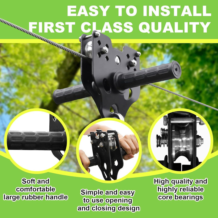 Zipline for Backyard Kids and Adults,Zipline Kits for Backyard with 100Ft Cable,6Ft Zipline Spring Brake and Belt,Zip Line Trolley with Handle,Seat and Bag