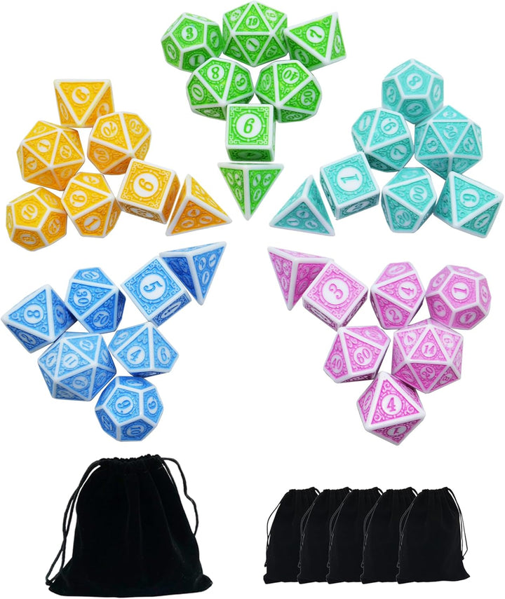 5 X 7-Die Double-Colors Polyhedral Dice Sets with Pouches for D&D DND RPG MTG Dungeon and Dragons Table Board Roll Playing Games D4 D6 D8 D10 D% D12 D20