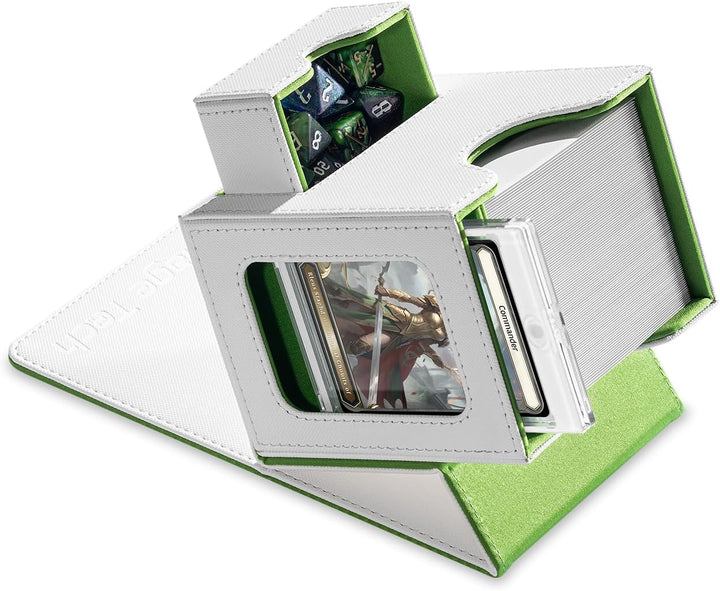 Card Deck Box for MTG Commander - Patented Design, Commander Display, Fits 100 Double-Sleeved Cards, 35Pt Card Brick & Dice Tray - Black/Green