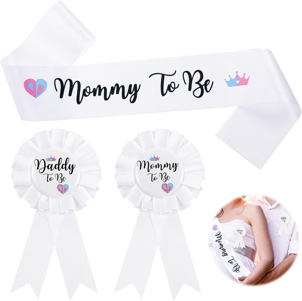 3Pcs Gender Reveal Decorations Sash and Tinplate Badge Mommy to Be and Daddy to Be Baby Shower, Mommy Sash and Daddy to Be Tinplate Badge Decorations for Pregnant Keepsake Gifts