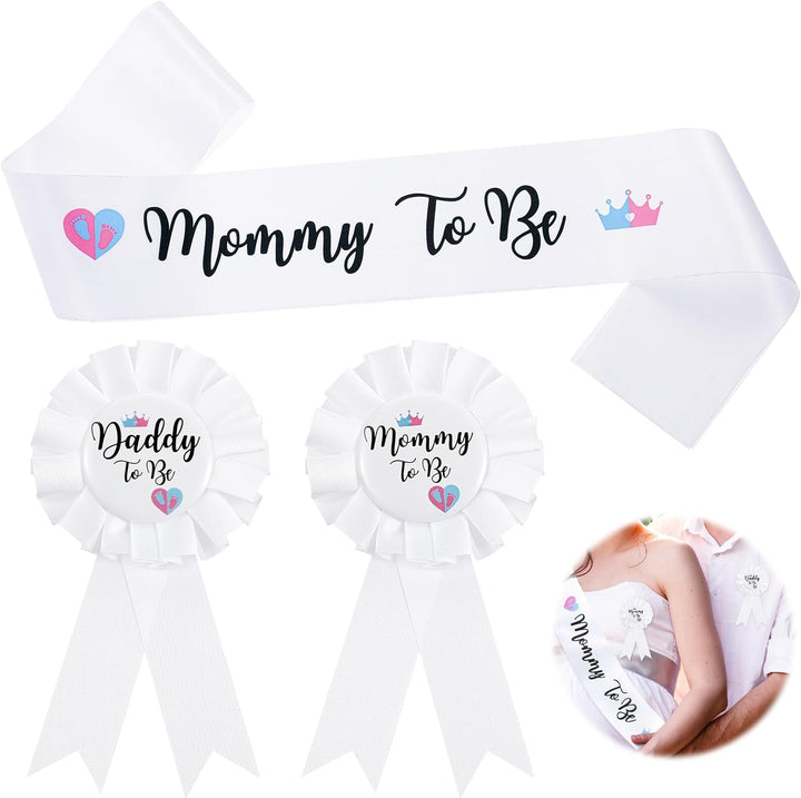 3Pcs Gender Reveal Decorations Sash and Tinplate Badge Mommy to Be and Daddy to Be Baby Shower, Mommy Sash and Daddy to Be Tinplate Badge Decorations for Pregnant Keepsake Gifts