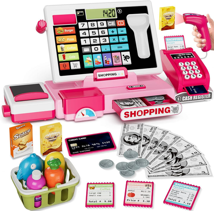 Kids Cash Register Toy Playset with Real Calculator, Toddler Pretend Play Store Incl Scanner/Credit Card/Play Money/Conveyor/Food Toys, Learning Toys Gifts for Boys Ages 4-8 8-12, Red