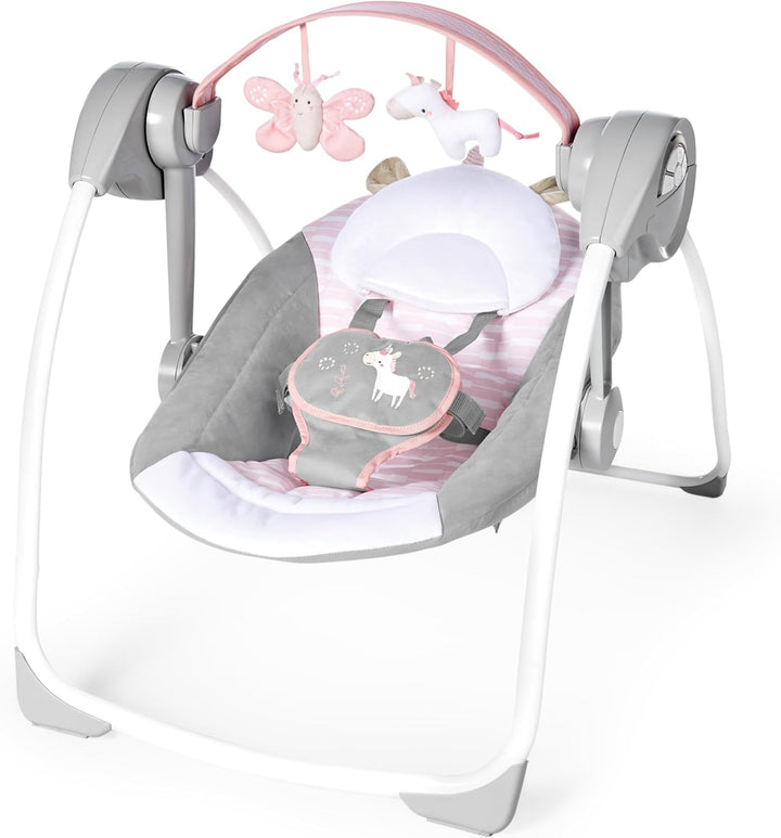 Soothe 'N Delight Compact Portable 6-Speed Plush Baby Swing with Music, Folds Easy, 0-9 Months 6-20 Lbs (Cozy Kingdom)