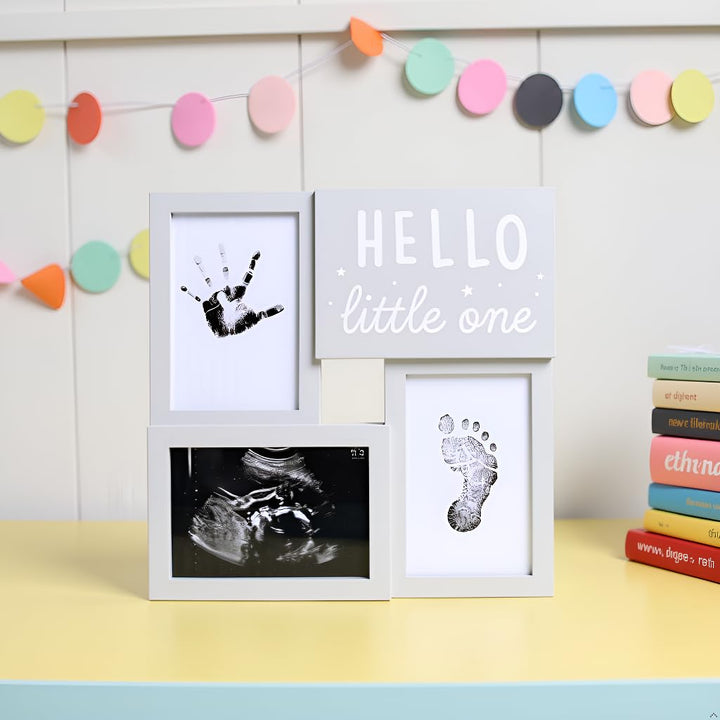 Babyprints and Sonogram Hello Little One Collage Frame, Baby Handprint, Footprint and Ultrasound Baby Keepsake Frame, Pregnancy Announcement, Gender-Neutral, White