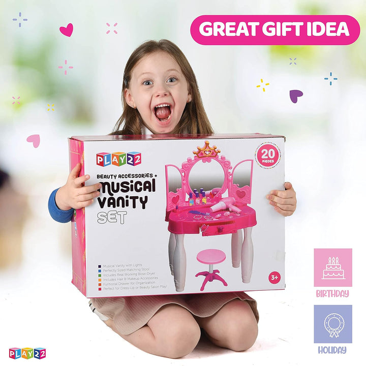 Pretend Play Girls Vanity Set with Mirror and Stool 21 PCS - Kids Makeup Vanity Table Set with Lights and Sounds - Includes Fashion Hair & Makeup Accessories