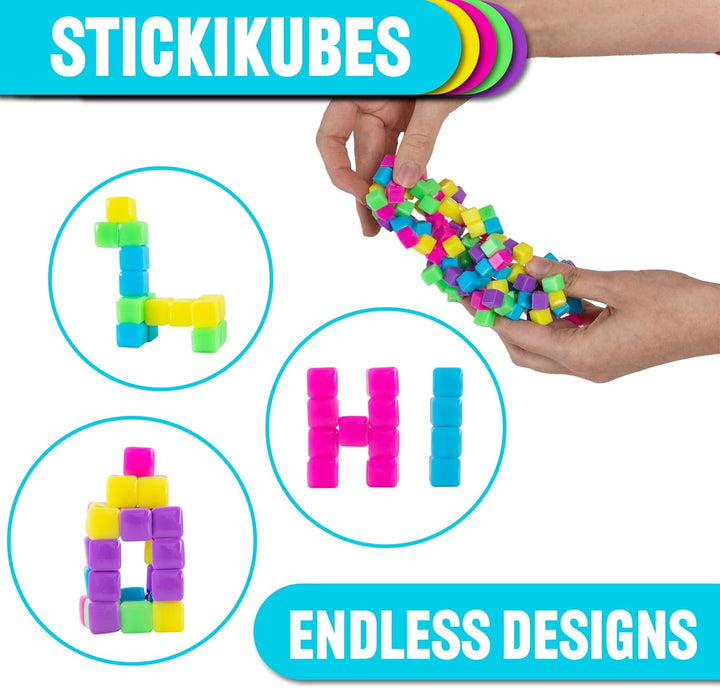 Stickikubes, Mini Stacking Cubes That Stick to Anything, Non Toxic Kid Safe Sticky Blocks, Creative Construction Toy - 125 Cubes, 5 Neon Colors, Tub