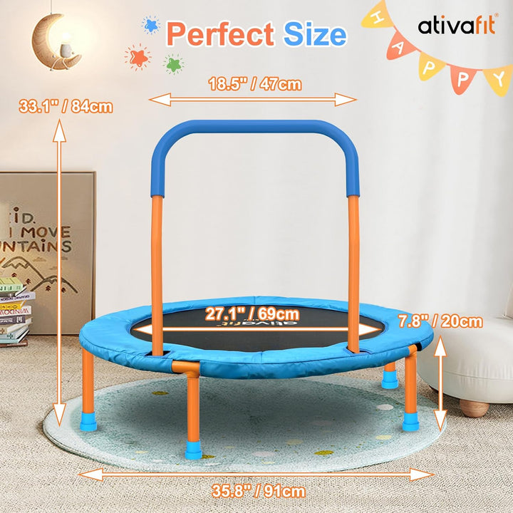 36Inch Mini Toddler Trampoline for Kids Ages 2-6 Indoor Outdoor Folding Small Rebounder Trampoline with Foam Handle Safety Padded Cover Fun for Kids