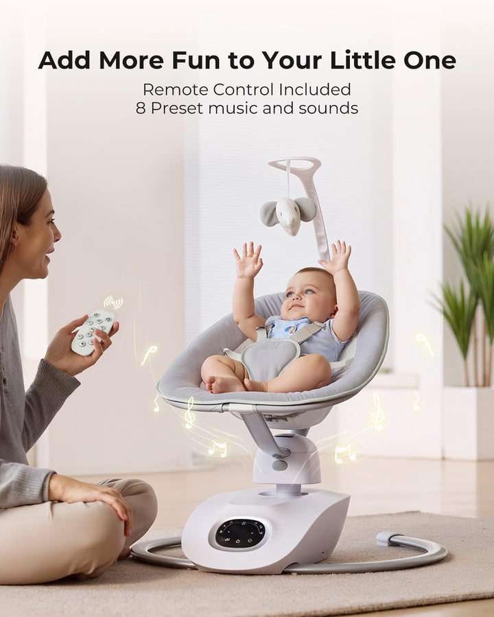 Cocosway 3D-Motion Baby Swing for Infants to Toddlers, 6 Motion Modes & 4 Speeds, 180° Rotating Seat, Remote Control, Reclining Seat with 5-Point Harness, 8 Preset Lullabies, Grey