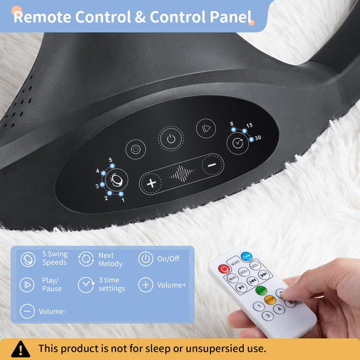 Baby Swing Infant Swing Electric Toddler Baby Rocker Portable for Newborn Boy Girl, 5 Sway Speeds with Remote Control, 10 Preset Melodies and Bluetooth, 0-6 Months Max 20 Lbs (Black)