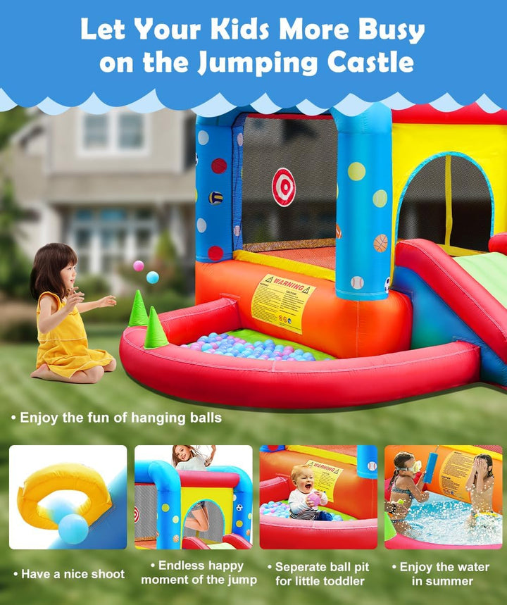 Inflatable Bounce House, Kids Castle Slide Bouncer for Children Jumping Outdoor and Indoor Party, Baby Backyard Water Jumper Toy with Blower, Ball Pit Pool, Ideal Gifts（112 X 98 X 65”）