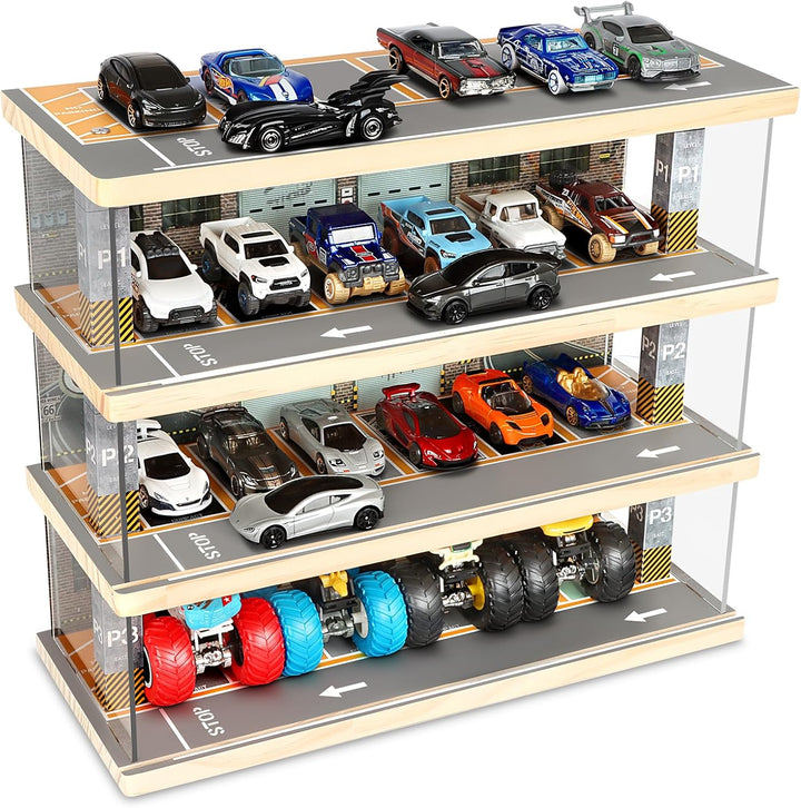 Hot Wheels & Matchbox Display Case, 1/64 Scale Diecast Toy Car Storage, Parking Garage Diorama - Freestanding Storage with 4 Levels 24 Spots Maximum 40 Cars