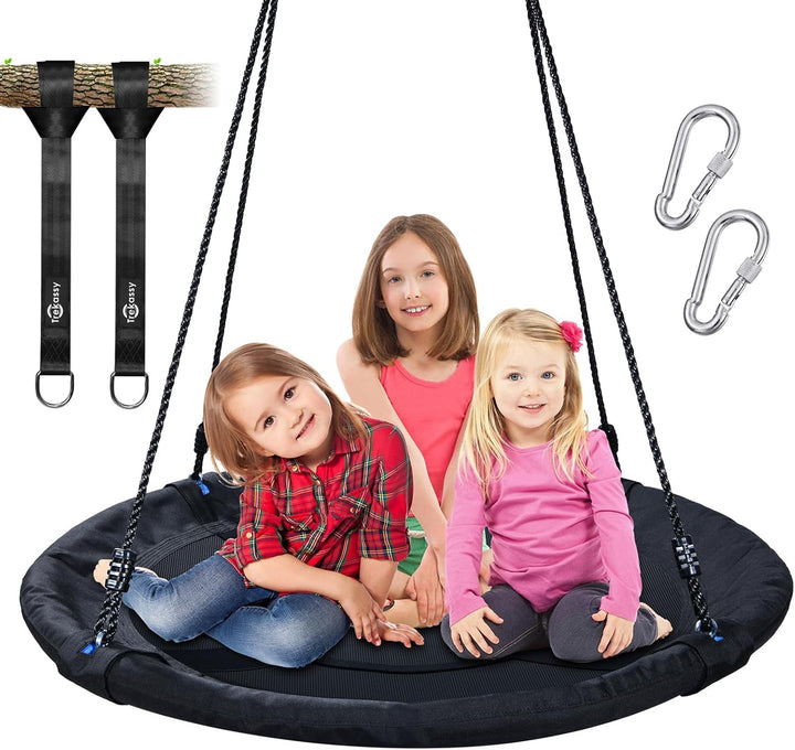 700Lb 40 Inch Saucer Tree Swing for Kids Adults Outdoor 900D Oxford Waterproof with 2Pcs Tree Hanging Straps, Steel Frame and Adjustable Ropes Blue