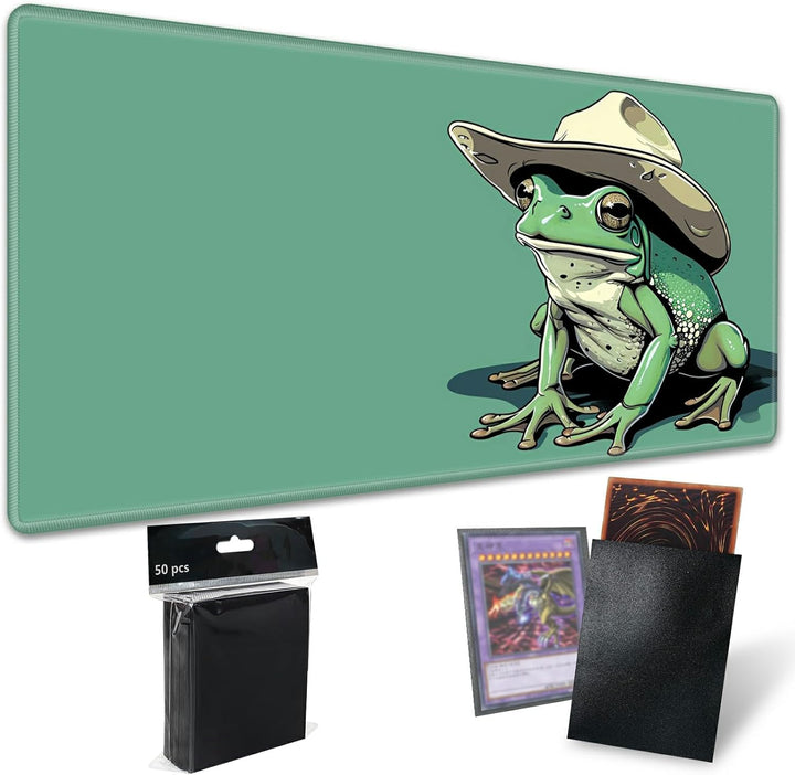 TCG Playmat Board Game Mat plus 50 Pcs Card Sleeves, 24 X 14 Table Mats Game Mousepad with Soft Surface Non-Slip Base for MTG RPG CCG Trading Card Game Playmats, Green Frog
