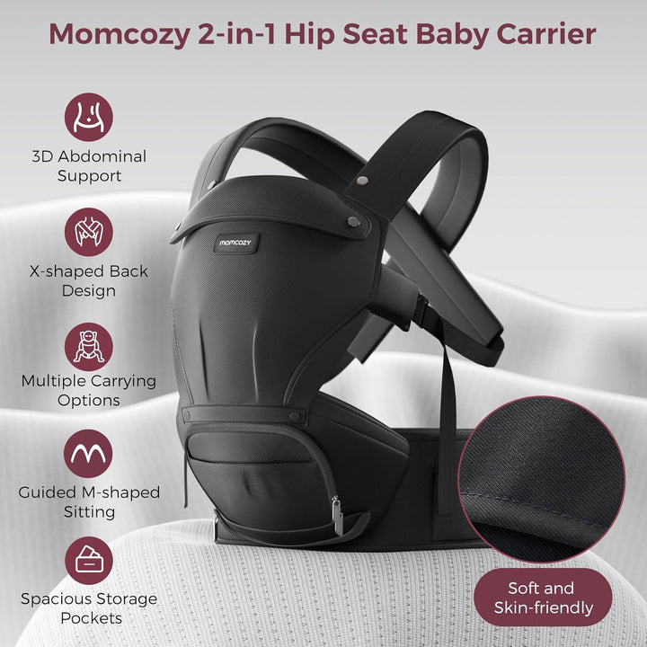 Baby Carrier with Hip Seat, 2-In-1 Forward-Facing Carry for Active Babies, Detachable Hands-Free Infant Carrier up to 44Lbs, All Seasons Toddler Carrier Fits Waist Sizes up to 45 Inches, Black