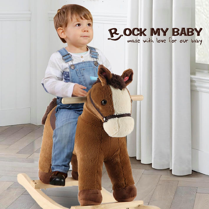 Rocking Horse, Dark Brown Horse Rocker for Toddlers 18M+, Plush Ride on Horse Toy with Realistic Sound,Soft Stuffed Filling, CPC Certified
