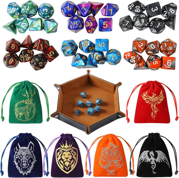 DND Dice Set, 42 Pcs Polyhedral Dice Set with 6 Colorful Animal Pattern Bag and PU Leather Velvet Tray for Dungeons Dragons D&D RPG MTG Table Games