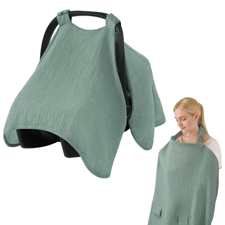 Baby Car Seat Cover, Extra Large Mesh Window, Breathable Muslin Cotton, Infant Windproof Canopy, Must-Have Baby Gift - Roman Green