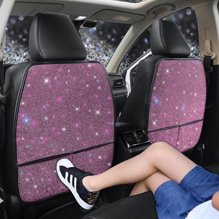 Bling Crystal Car Seat Back Kick Protectors with Storage, Sparkly Diamond Kick Mats, Universal Seat Protector for SUV and Automotive Crystal Auto Accessories for Women White 2Pcs