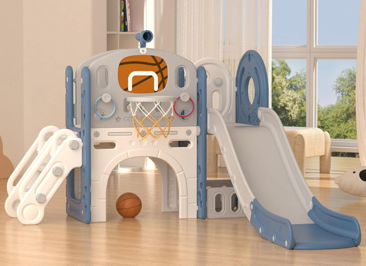 8 in 1 Toddler Slide Set, Kids Slide for Toddlers Age 1+, Toddler Climber Slide Playset with Basketball Hoop and Ball,Outdoor Indoor Playground for Toddlers 1-3 (Beige Grey, 8 in 1)
