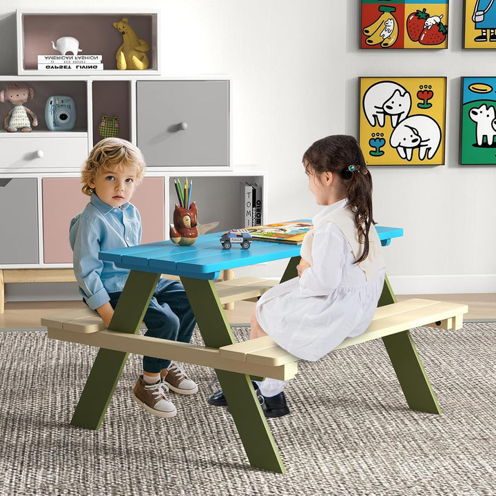 Kids Picnic Table, Acacia Wood Kids Outdoor Table with Benches, Toddler Patio Furniture Set for Backyard, Garden, Lawn, Gift for Boys Girls 3+ (Green)