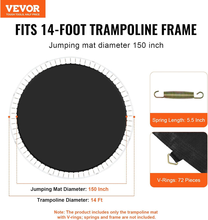 Replacement Trampoline Mat, Jumping Mat Fits 12/13/14/15 Ft Frame, Universal Jumping round Trampoline, Uv-Resistant Mat with Spring Tool & 72/80/92 V-Rings, Fit 5.5"/6.5"/7" Spring Length
