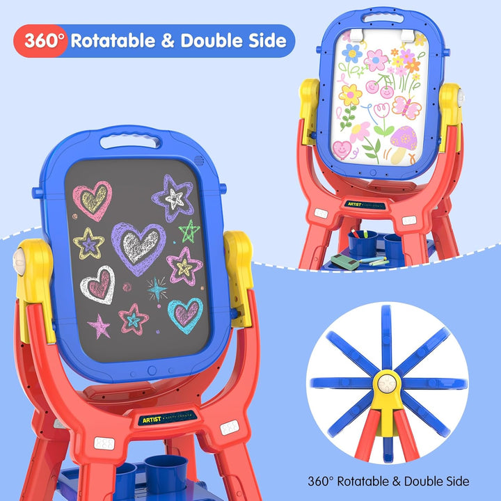 Easel for Kids, Rotatable Double Sided Adjustable Standing Art Easel with Drawing & Writing Accessories for Kids Boys and Girls (Red Blue)