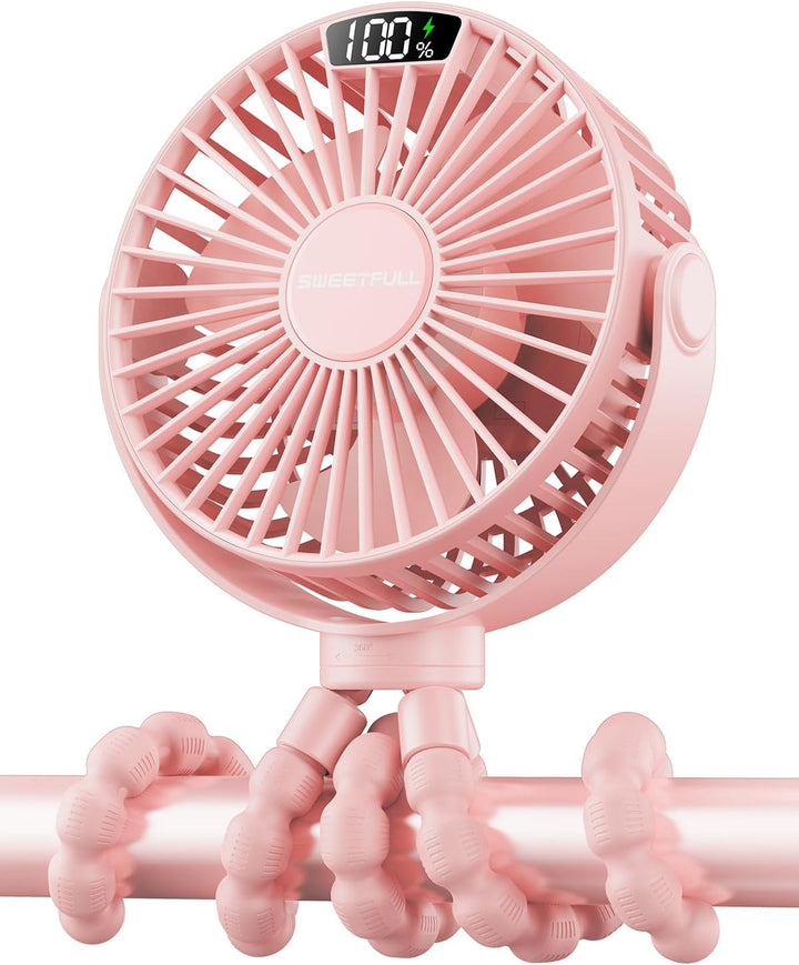 Portable Stroller Fan with Display 4000Mah Battery Powered Mini Clip on Fan, 4-Speed Rechargeable Small Personal Cooling for Baby Car Seat Crib Travel - Black