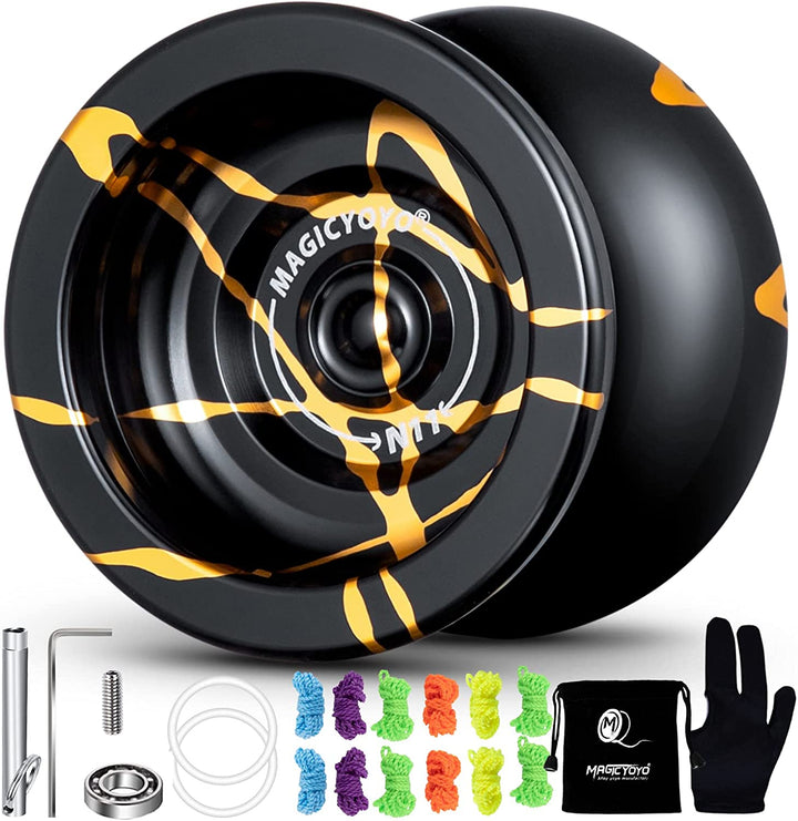 N11 Professional Unresponsive Yoyo N11 Dual Purpose Alloy Trick Yoyo Ball (Black with Golden) with Bag, Glove, 12 Yoyo Strings and Responsive Bearing Kit