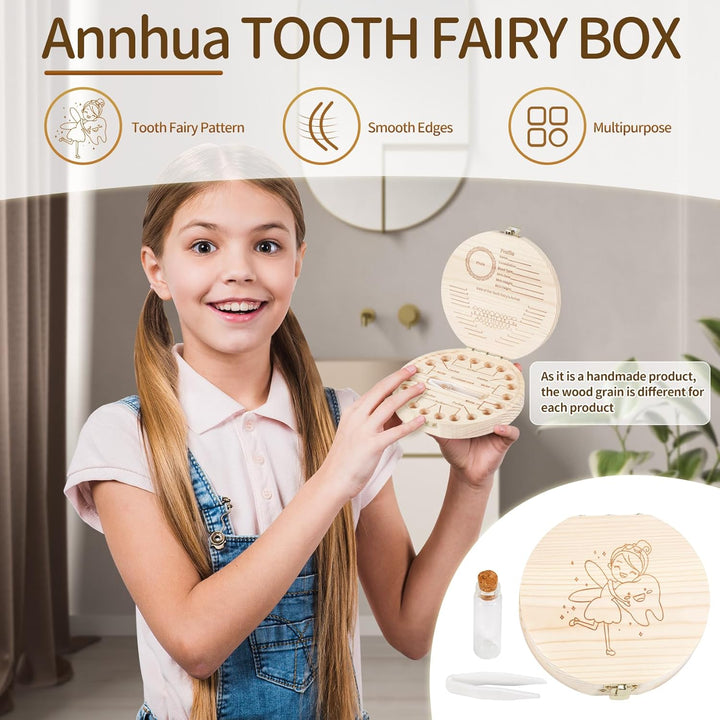 Tooth Fairy Tooth Holder Wooden Umbilical Cord Keepsake Box, Cute Baby Teeth Keepsake Box with Tweezer and Fetal Hair Container, Lost Tooth Fairy Box for Incisor|Canine|Molar|Umblllcal Cord
